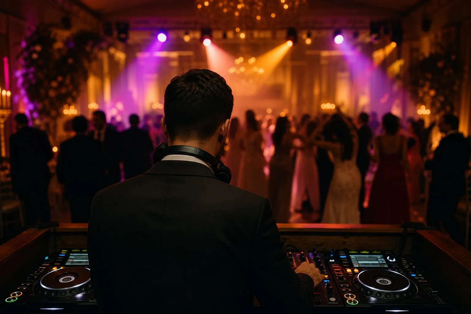 DJ na weselu przygotowuje playlistę na oczepiny przy konsolecie