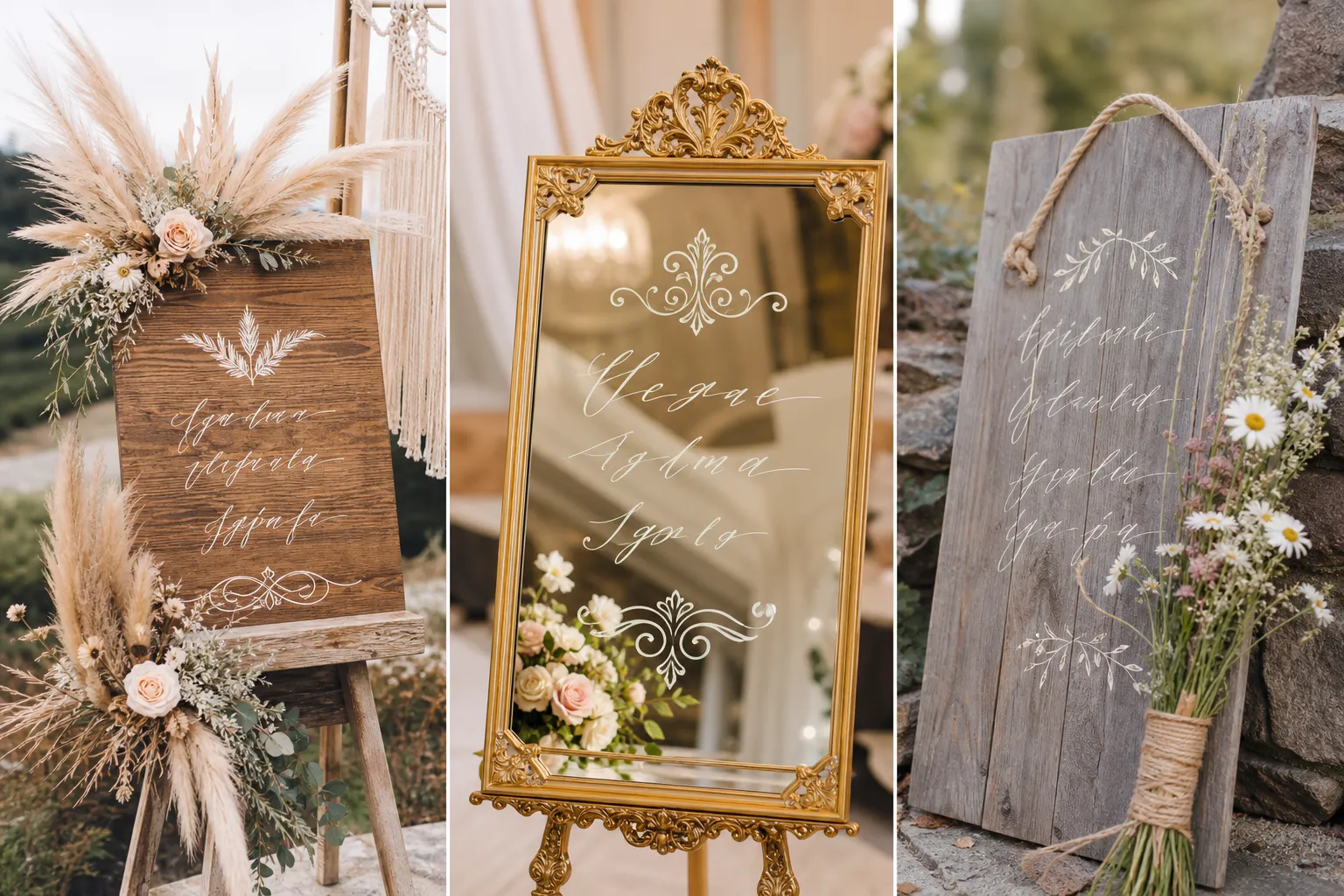Style tablicy powitalnej na wesele — porównanie boho, glamour i rustykalnego