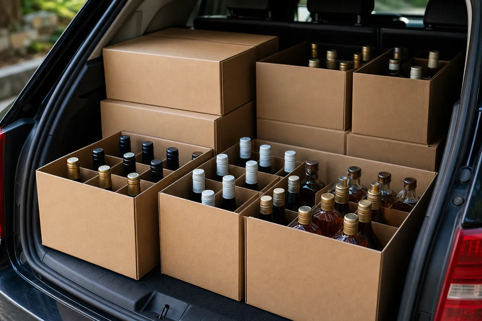 Kartony z alkoholem na wesele przygotowane do transportu z hurtowni