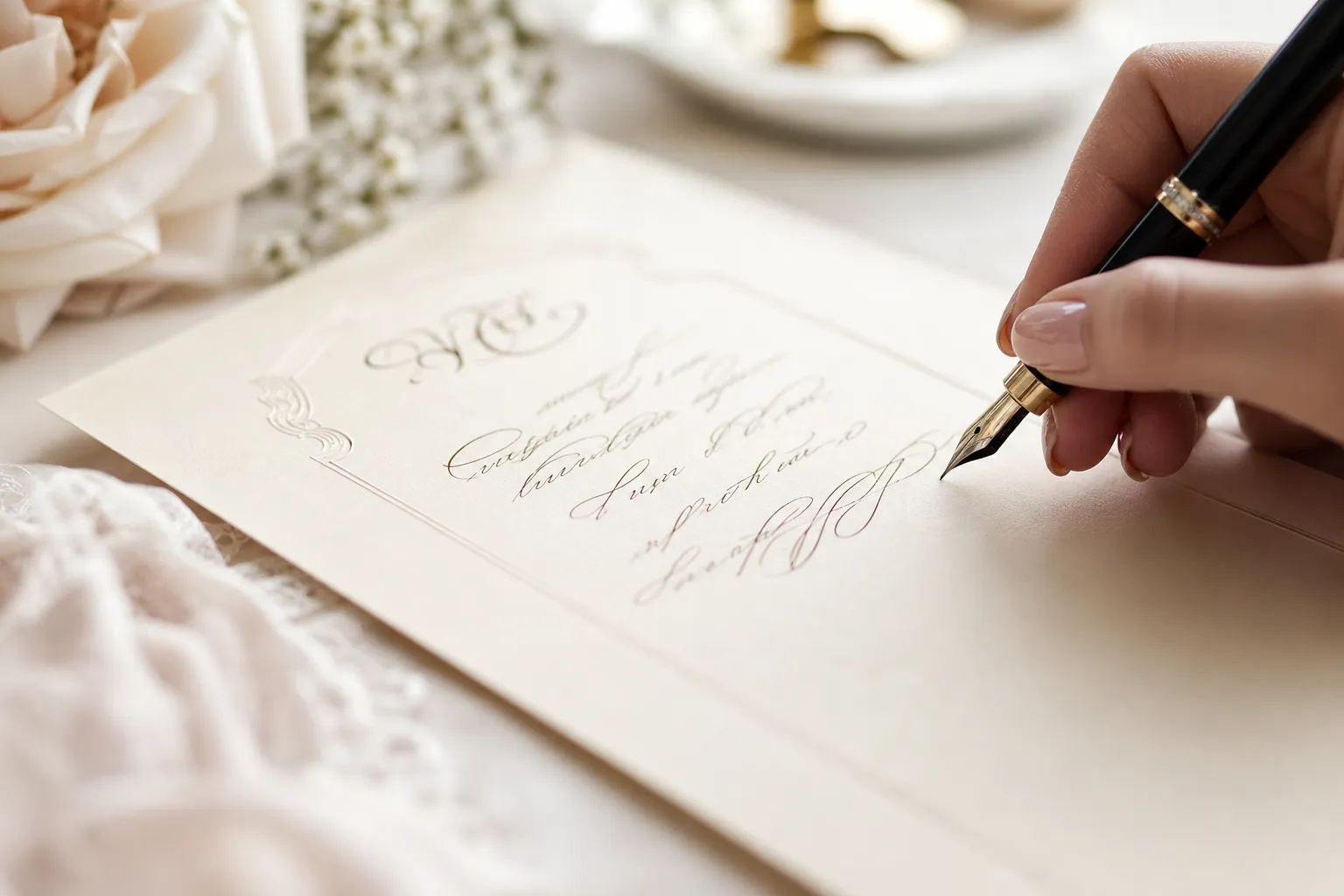 Klasyczna kartka na ślub z eleganckim wpisem piórem na kremowym papierze