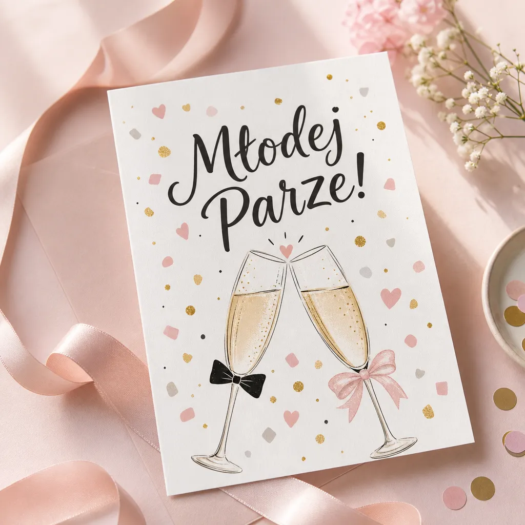 Zabawna kartka na wesele z humorystycznym tekstem życzeń dla pary młodej